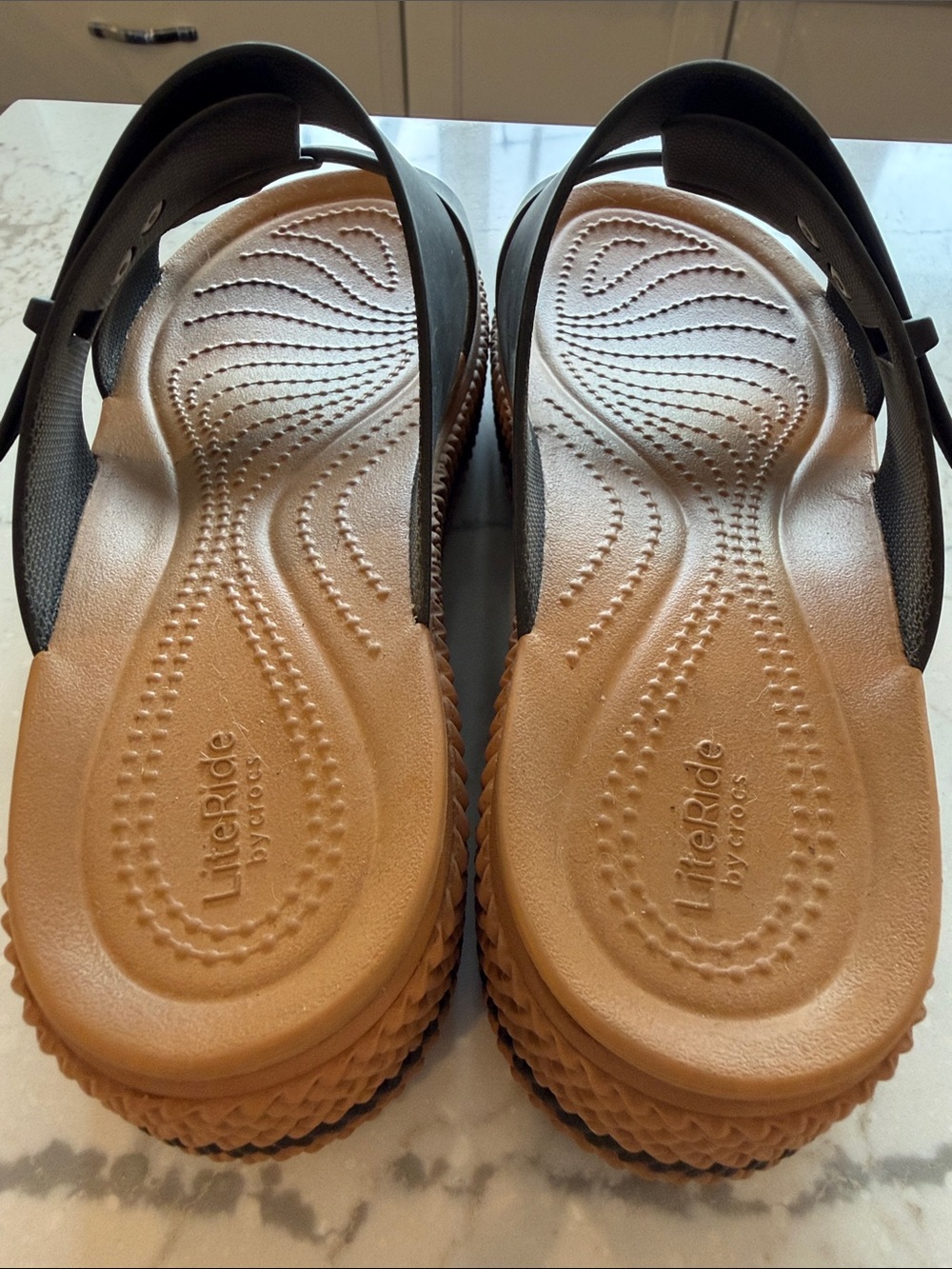 CROCS Women’s Dual-Strap Platform Slides in Black and Tan - Picture 3 of 6